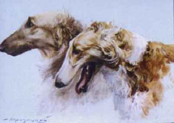 Two Russian wolfhounds by 
																	Mikhail Naroditsky