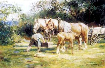 Peasant feeding horses with foal by 
																	Hans Nickel