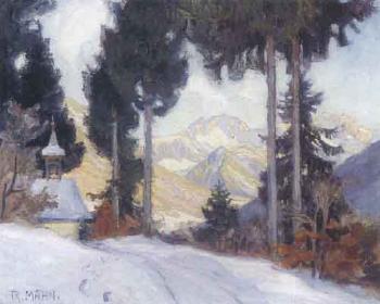 Winter woods with chapel and view of Allgauer mountains by 
																	Richard Mahn