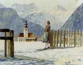 Girl leaning on fence in winter mountain landscape, village church beyond by 
																	C Kuhndorfer