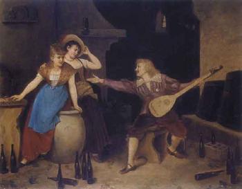 Amorous scene in wine cellar with two ladies and lute player by 
																	P Karly