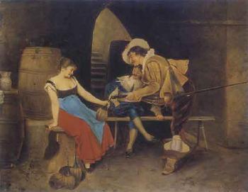 Amorous scene in wine cellar with lady and two wooers by 
																	P Karly