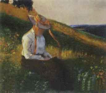 Flower meadow in evening light with lady reading by 
																	Adele Ortenau