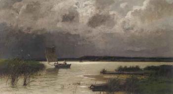 River landscape with small boat by 
																	Konrad Alexander Muller-Kurzwelly