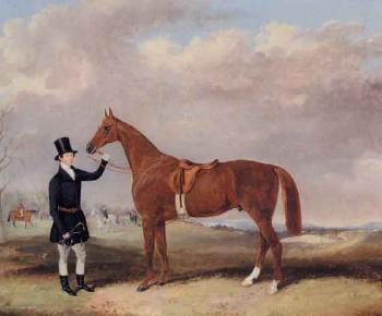English Biedermeier rider holding horse by 
																	A Harde