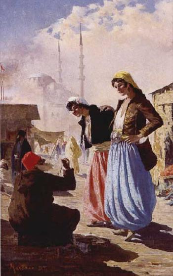 Femmes turques marchandant un collier a Constantinople by 
																	D T Hardouin