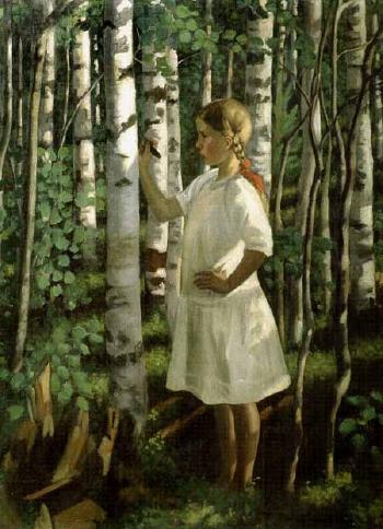 In memory - girl writing on tree in wood by 
																	Alfred Ruotsalainen