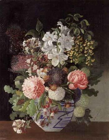 Still life of summer flowers in blue decorated vase by 
																	A Ackerberg