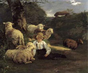 Small shepherd boy seated surrounded by sheep by 
																	Carlo Dalgas