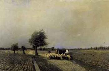 Autumn landscape with sheep and cattle returning home by 
																	Anders Kallenberg
