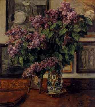 Interior scene with lilacs in an Italian vase by 
																	Carl Frydensberg