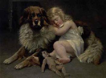 Jeune fille endormie sur son chien et une poupee a ses pieds by 
																	Charles Joseph van Landuyt