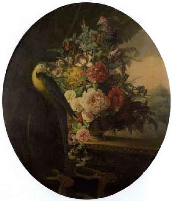 Composition aux fleurs et au perroquet by 
																	Baroness Leontine de Wal