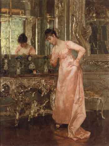 Interior scene with woman by mirror by 
																	Albert Raudnitz