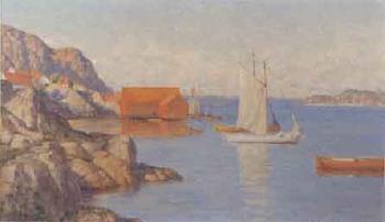 Coastal landscape with boat houses and boats by 
																	Wilhelm Dahlbom