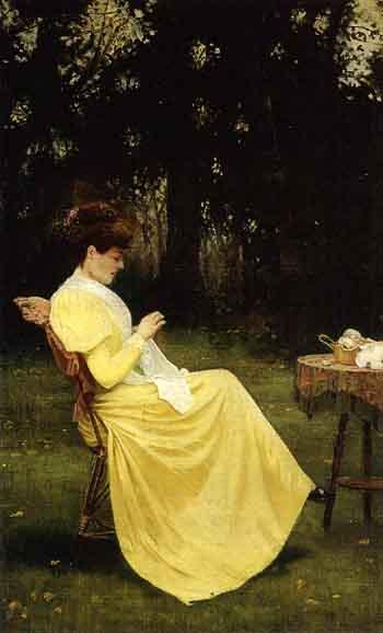 Woman sewing in garden by 
																	John F Acret