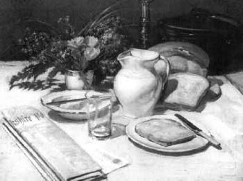 Still life of breakfast table with the Yorkshire Post by 
																	Sunderland Rollinson
