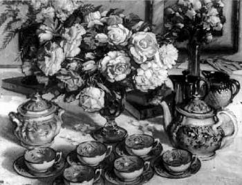 June roses, still life with lustre teaset by 
																	Sunderland Rollinson