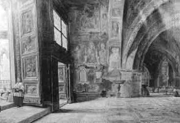Interior of a cathedral with figures in Assisis by 
																	Enrique Recio y Gil