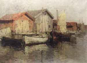Harbour scene with boats and boathouses by 
																	Hugo Ofverstrom
