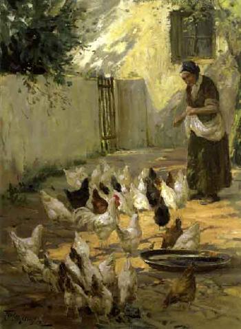 Woman feeding hens by 
																	Frank McKelvey