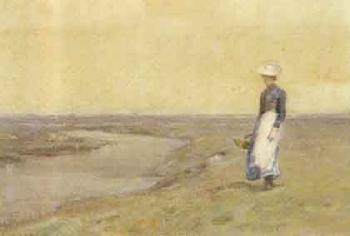 Woman with a basket on a river bank by 
																	Fanny W Currey