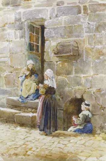 Women sewing, Brittany by 
																	Fanny W Currey