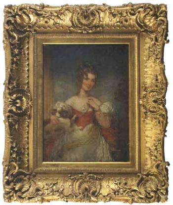 Portrait of Margaret Emma Langham with her King Charles spaniel by 
																	John Harlowe