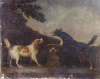 Landscape with spaniel and another dog on a path by 
																	J N Parlor