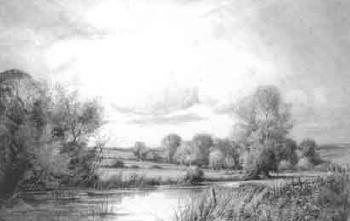 River meadows with cattle grazing by 
																	Frank B Jowett