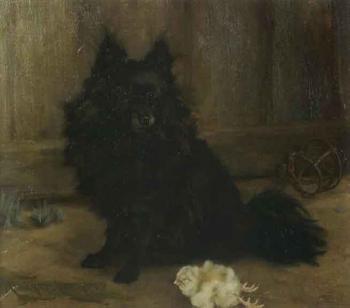 Black pomeranian with dead chick by a barn door by 
																	Agnes McIntyre Croxford