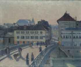 Figures on a bridge in a continental town by 
																	Albert Lucien Dubuisson