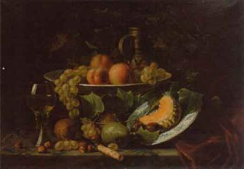Still life of fruit, vines and nuts on a table by 
																	Herman Jacob van der Voort In de Betouw