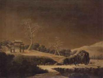 Anchorage at Whampoa by moonlight. Chinese figures in a winter landscape by 
																			 Fatqua