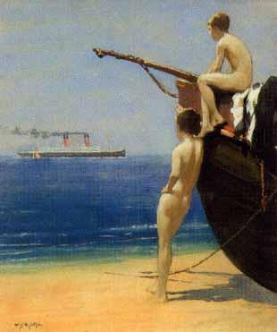 Two naked boys on the shore watching a Cunard Liner by 
																	William Spencer Bagdatopoulos