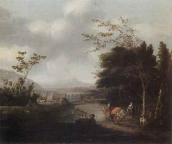 Huntsmen in a wooded landscape, with waterfall and mountains beyond by 
																	 Fouchier