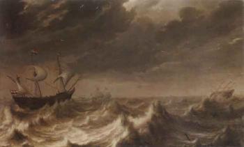 Dutch smalschip in a swell, other shipping beyond by 
																	Pieter Mulier