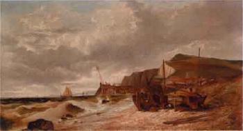 Coastal scene with fishing boats on the shore by 
																	F C Ellerman