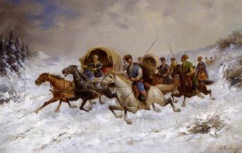 Cossack riders and waggon in the snow by 
																	A Zacharoff
