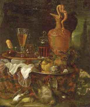 Still life with jug, glassware, fruit and birds by 
																	Pietro Mahorn