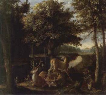 Two stags and hind in forest creek by 
																	Franz Rosel von Rosenhof