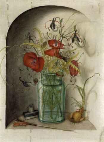 Still life with poppies, other flowers and an onion by 
																	Manfred Ebster