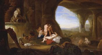 Diana and her attendants resting and bathing in a cavern by 
																	Abraham van Cuylenborch