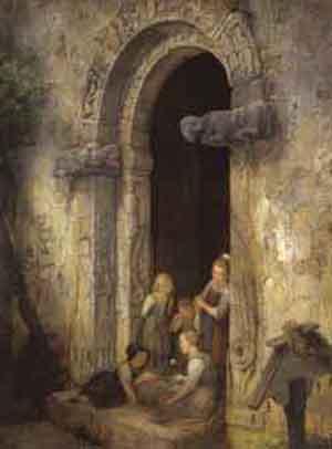 Children playing in a church door by 
																	Carl Engel von der Rabenau