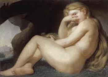 Nude girl reclining in a rock grotto by 
																	Daniel Caffe