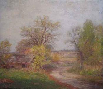 Landscape with a dirt track running past an overgrown shed by 
																			Edward Hamer