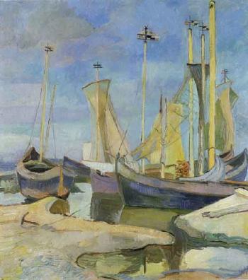 Sailing ships in Nidden by 
																	Joachim Ragoczy