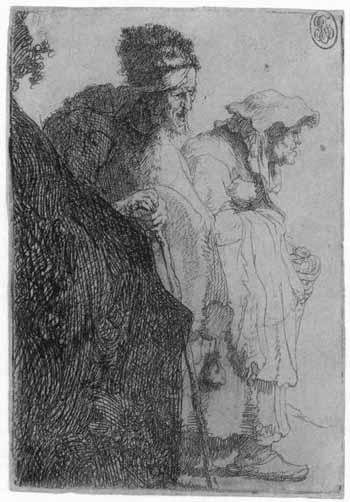 Beggar and beggar woman behind mound of earth by 
																	Rembrandt Harmensz van Rijn