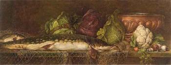 Still life with lettuce, cauliflower, carrots, mushrooms and copper dish by 
																	Ludwig Eibl