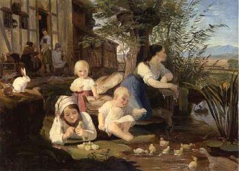 Children playing with ducklings at the edge of a pond by 
																	Carl Engel von der Rabenau